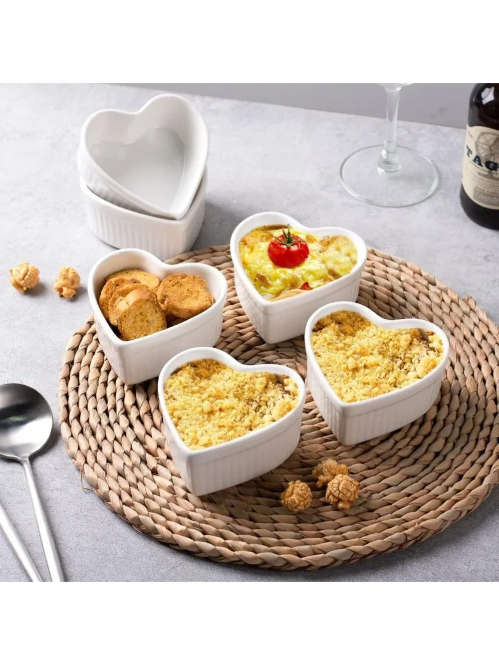 Heart Shaped Ramekins Set of 6 - 6 Oz Porcelain Baking Dishes for Souffle